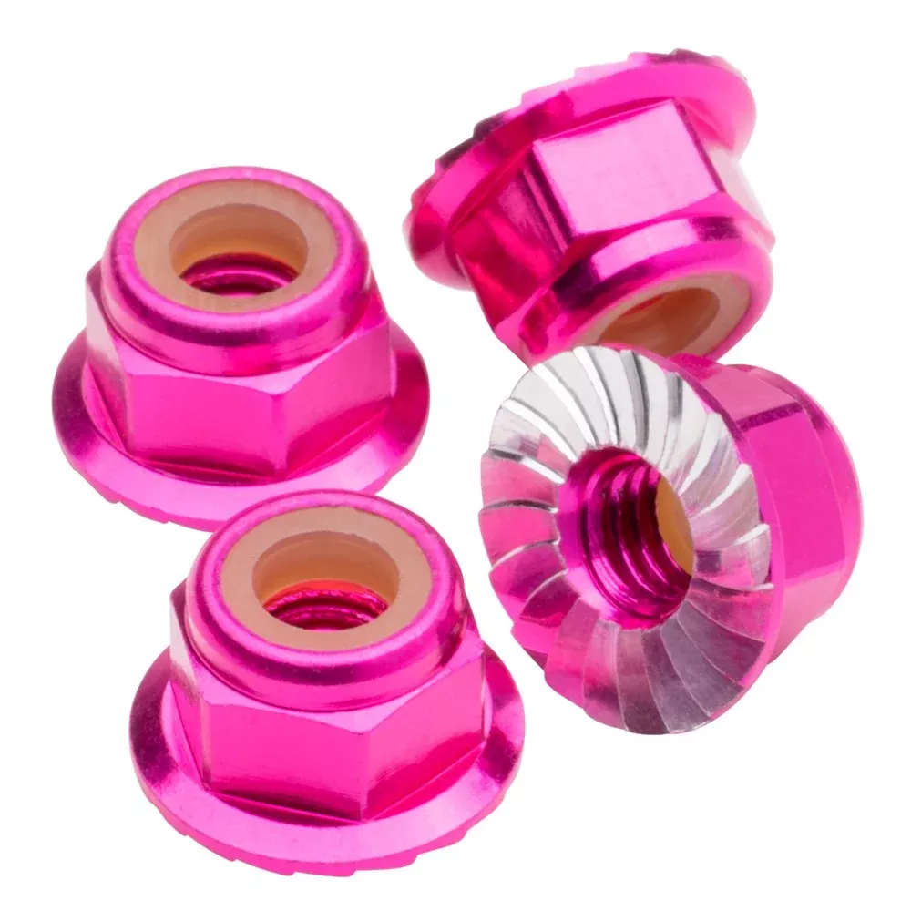 1up Racing Premium Aluminum Locknuts M4 Flanged & Serrated – Hot Pink