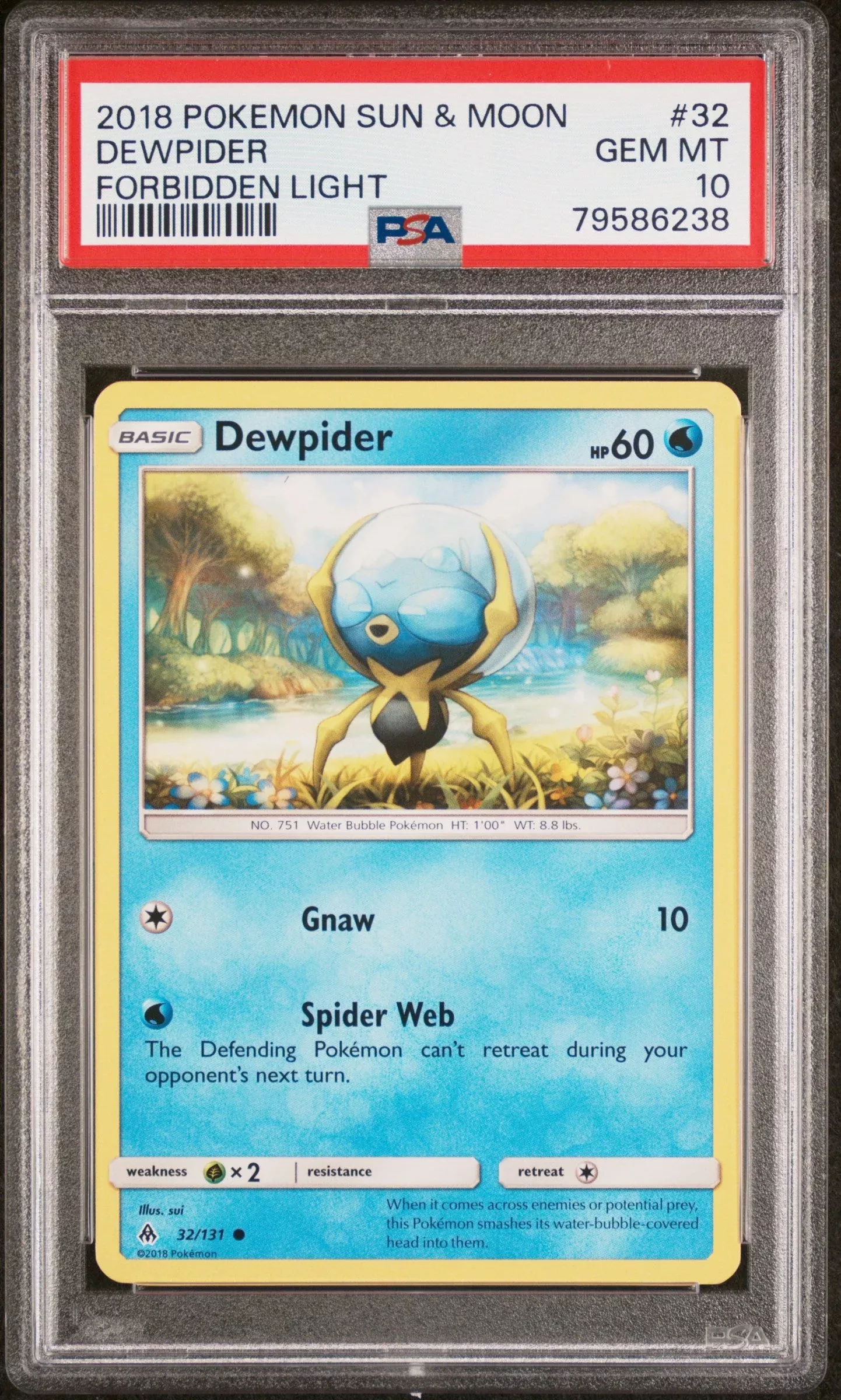 2018 POKEMON SUN & MOON FORBIDDEN LIGHT DEWPIDER #32 – PSA GEM MT 10