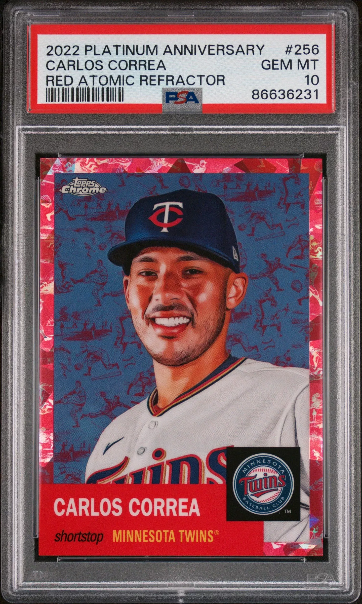 2022 TOPPS CHROME PLATINUM CARLOS CORREA RED ATOMIC REF 256 PSA 10