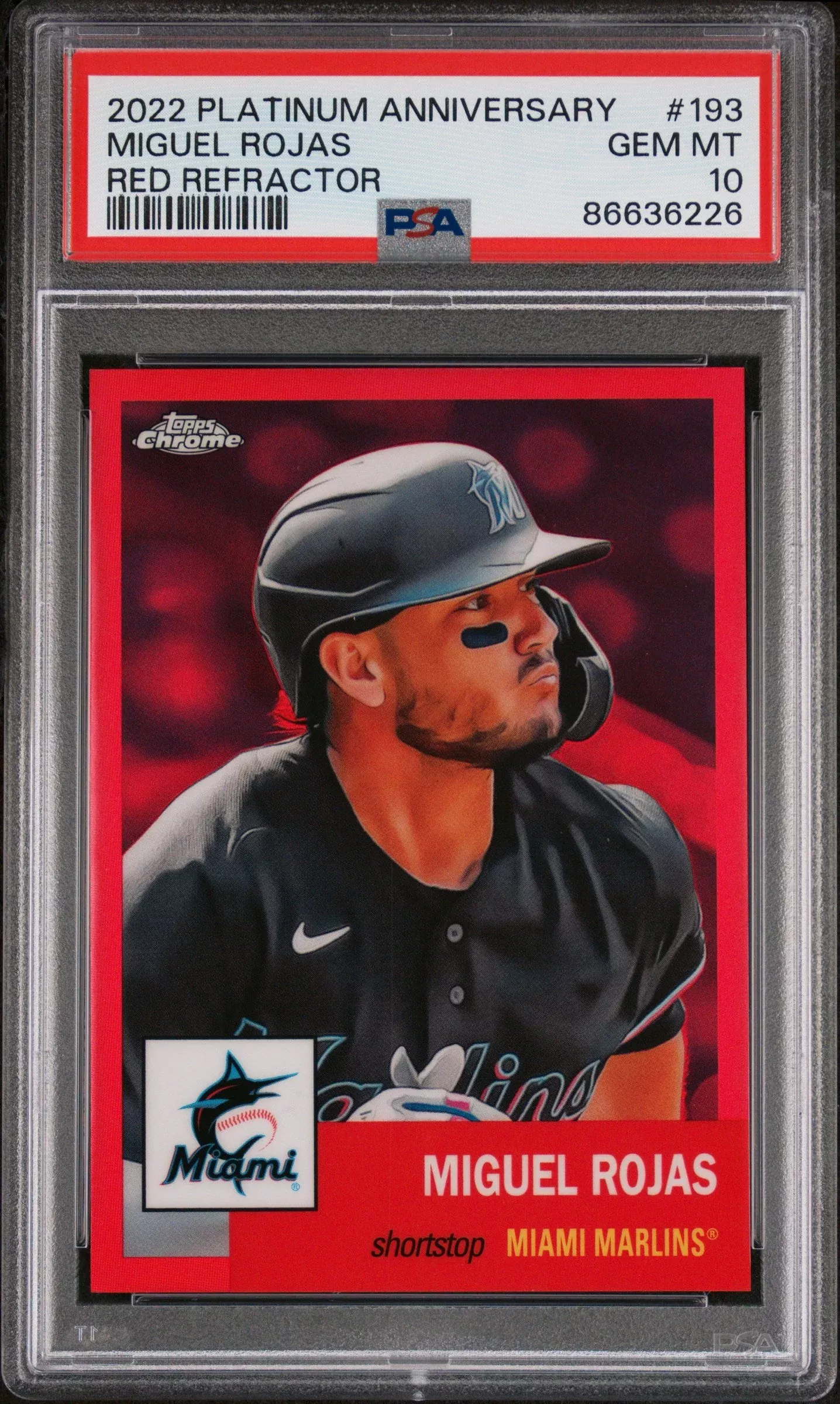 2022 TOPPS CHROME PLATINUM MIGUEL ROJAS RED REFRACTOR #193 – PSA 10
