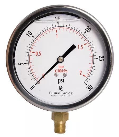 DuraChoice PB404L-030 Oil Filled Pressure Gauge, 4" Dial, 1/4" NPT, 0-30 PSI, Lower Mount
