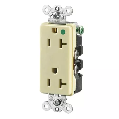 Hubbell HBL2182I, Extra Heavy Duty Max Receptacles, Style Line Decorator, Hospital Grade, Nylon Face, Back and Side Wired, 20A 125V, 5-20R, 2-Pole 3-Wire Grounding, Ivory
