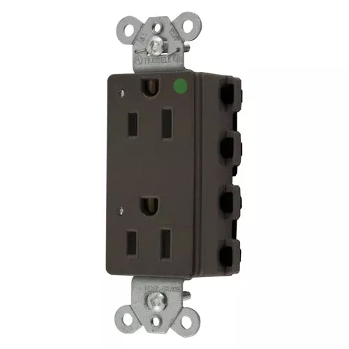 Hubbell SNAP2172L, SNAPConnect Extra Heavy Duty Receptacles, Style Line Decorator, Hospital Grade, LED Indicator, Nylon Face, 15A 125V, 5-15R, 2-Pole 3-Wire Grounding, Brown