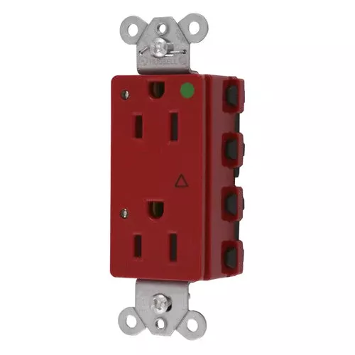 Hubbell SNAP2172RIGL, SNAPConnect Extra Heavy Duty Receptacles, Style Line Decorator, Hospital Grade, Isolated Ground, LED Indicator, 15A 125V, 5-15R, 2-Pole 3-Wire Grounding, Red