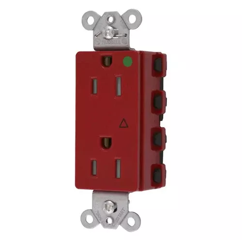 Hubbell SNAP2172RIGTRA, SNAPConnect Extra Heavy Duty Receptacles, Style Line Decorator, Hospital Grade, Isolated Ground, Tamper Resistant, 15A 125V, 5-15R, 2-Pole 3-Wire Grounding, Red