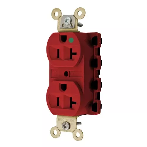 Hubbell SNAP8300RA, SNAPConnect Extra Heavy Duty Duplex Receptacles, Hospital Grade, Finder Groove, Nylon Face, 20A 125V, 5-20R, 2-Pole 3-Wire Grounding, Red