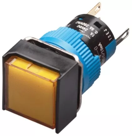 Kacon K16-382-Y-12V 16 mm Yellow Maintained Push Button, Square, DPDT, 12V DC LED