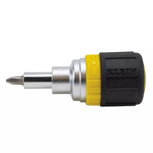 Klein Tools 32593, Multi-Bit Ratcheting Screwdriver, 6-in-1, Stubby, Phillips, Slotted, Nut Bits