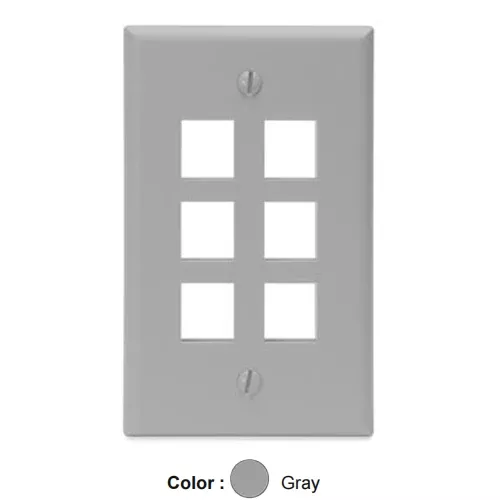 Leviton 41080-6GP, Quickport Single-Gang Wallplate, 6-Port, Flush Mount, Gray, 3 Packs