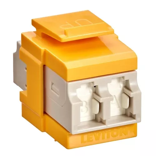 Leviton 41086-MLY, QuickPort Fiber Duplex LC Adapter, Shuttered, Multimode, OM1/2, Zirconia Ceramic Sleeve, Beige/Yellow