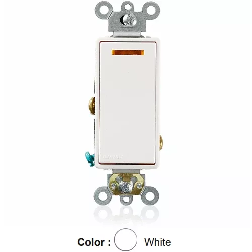 Leviton 5631-2W, Decora Plus Single Pole AC Quiet Rocker Switch, Lighted Handle – Illuminated OFF, Commercial Grade, 20 Amp, 120 Volt, Self-Grounding, Back and Side Wired, White