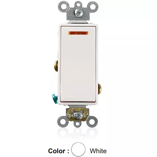 Leviton 5649-2W, Decora Plus Single Pole AC Quiet Rocker Switch, Lighted Handle – Illuminated OFF, Commercial Grade, 20 Amp, 277 Volt, Self-Grounding, Back and Side Wired, White