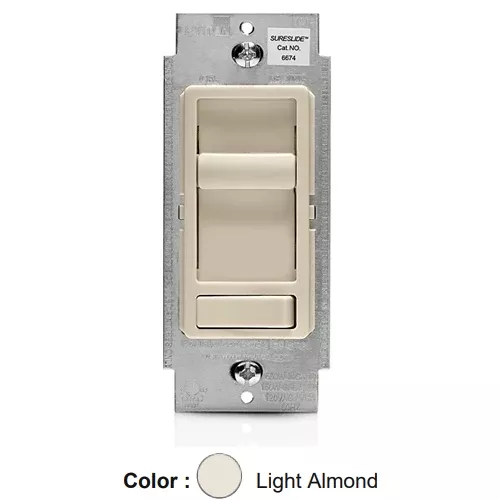 Leviton 6674-P0T, SureSlide Dimmer with Preset ON/OFF Switch for 600W Incandescent, 150W LED and CFL, Single-Pole or 3-Way, Light Almond