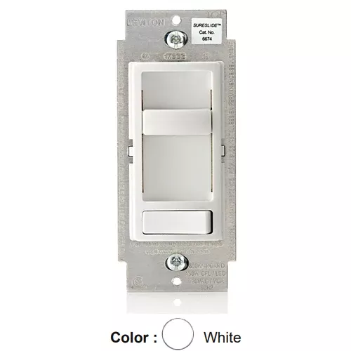 Leviton 6674-P0W, SureSlide Dimmer with Preset ON/OFF Switch for 600W Incandescent, 150W LED and CFL, Single-Pole or 3-Way, White
