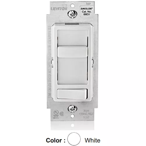 Leviton 66EV-10W, Decora SureSlide Electronic Low Voltage Dimmer with Preset ON/OFF Switch, 300VA, 120VAC, 60Hz, Single-Pole or 3-Way, Neutral Required, White