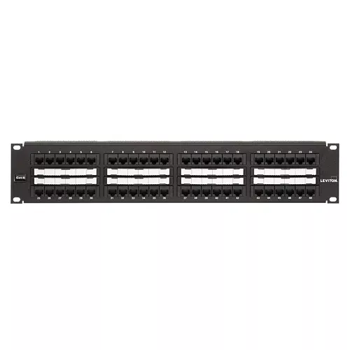 Leviton 69586-C48, Cat 6 Flat 110-Style Patch Panel, Central Labeling, 48-Port, 2RU, Cable Management Bar Included, Black