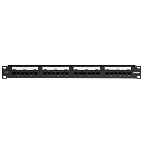 Leviton 69586-U24, Cat 6 Flat 110-Style Patch Panel, 24-Port, 1RU, Cable Management Bar Included, Black