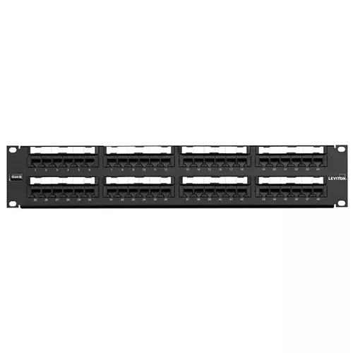Leviton 69586-U48, Cat 6 Flat 110-Style Patch Panel, 48-Port, 2RU, Cable Management Bar Included, Black