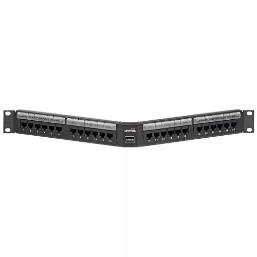 Leviton 69587-L24, Cat 6 Angled 110-Style Patch Panel with Magnifying Lens Label Holder, 24-Port, 1RU, Black