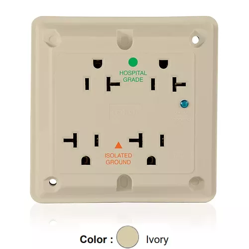 Leviton 8490-IGI, 4-in-1 Surge Protective Isolated Ground Quadruplex Receptacle, Heavy-Duty Hospital Grade, Indicator Light, 20A 125V, NEMA 5-20R, 2-Pole, 3-Wire, Side Wire Only, Ivory
