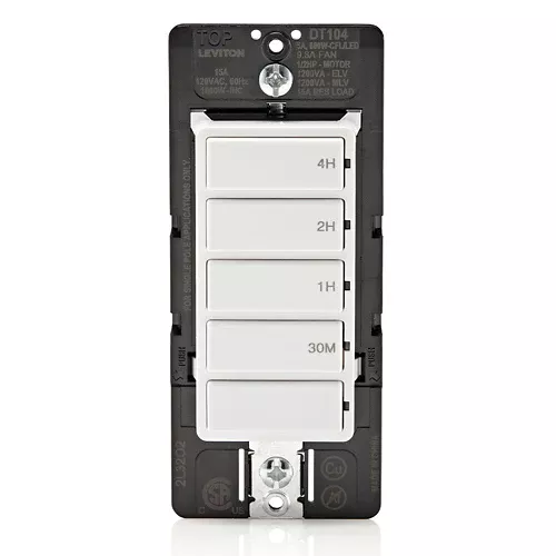 Leviton DT104-1LW, 4-Hour Decora In-Wall Countdown Timer, 15 Amp, Single Pole, 30 Min, 1-2-4 Hour, 1/2 HP/9.8A Fan/Motor, White