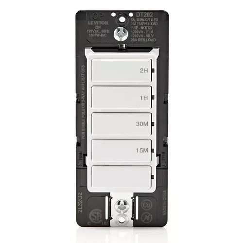 Leviton DT202-1LW, 2-Hour Decora In-Wall Countdown Timer, 20 Amp, Single-Pole/3-Way/Multi-Location/Multi-Timer, 15-30 Min, 1-2 Hour, 1 HP/16A Fan/Motor, White