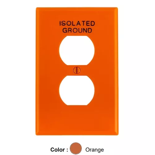 Leviton PJ8-IG, 1-Gang Duplex Device Receptacle Wallplate, Midway Size, Thermoplastic Nylon, Device Mount, Hot Stamped Isolated Ground, Orange