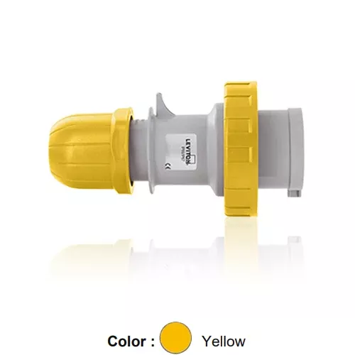 Leviton W216-P4, International Configuration Pin & Sleeve Plug, Industrial Grade, 16 Amp, 100-130 Volt, 2P+E (2P, 3W), Clock Position 4, IP66/67, Watertight, Yellow
