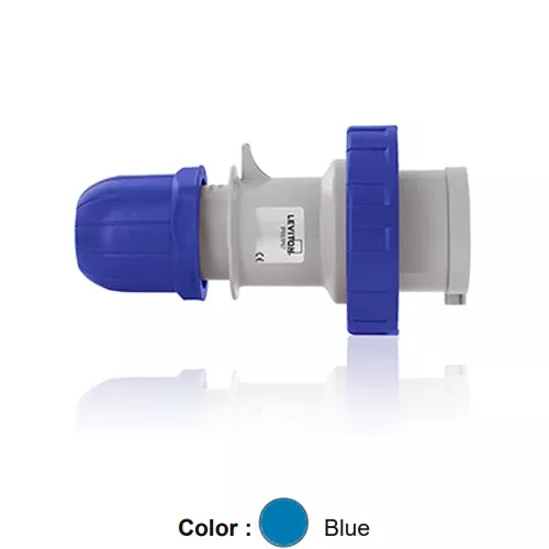 Leviton W216-P6, International Configuration Pin & Sleeve Plug, Industrial Grade, 16 Amp, 200-250 Volt, 2P+E (2P, 3W), Clock Position 6, IP66/67, Watertight, Blue