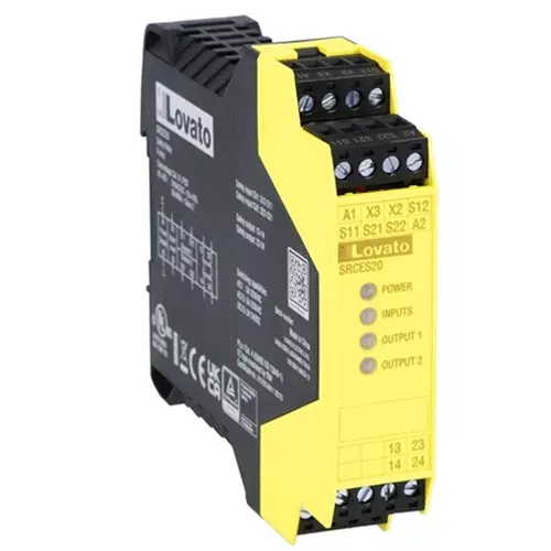 Lovato SRCES20, Safety Relay SRC Series, Single Function, Screw Terminals. 2NO, For Emergency Stop, Auxiliary Supply 24VAC/DC, Up to Cat. 4, PLe (EN/ISO 13849-1)