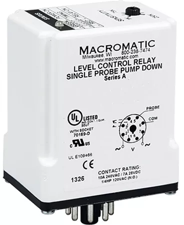 Macromatic LCP1B100F1 240V Single Probe Liquid Level Relay, Pump Down, 4.7K to 100K, 1 Sec Delay