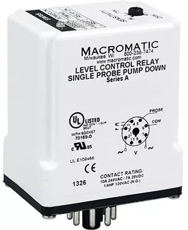 Macromatic LCP1B250F15 240V Single Probe Liquid Level Relay, Pump Down, 1K to 250K, 15 Sec Delay