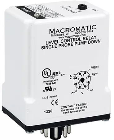 Macromatic LCP2B250F10 120V Single Probe Liquid Level Relay, Pump Down, 1K to 250K, 10 Sec Delay