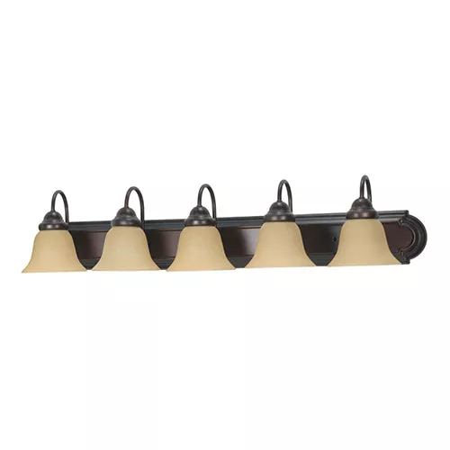 Satco 60-1267, BALLERINA 5 LT 36" VANITY, 36" Wall Mounted Vanity Fixture, 100W, 120V, Medium Base, Champagne Linen Washed Glass, Replaceable Light Source, Mahogany Bronze/Champagne Finish