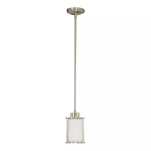 Satco 60-2866, ODEON 1 LT MINI PENDANT, 60W, 120V, Medium Base, Satin White Glass, Brushed Nickel Finish