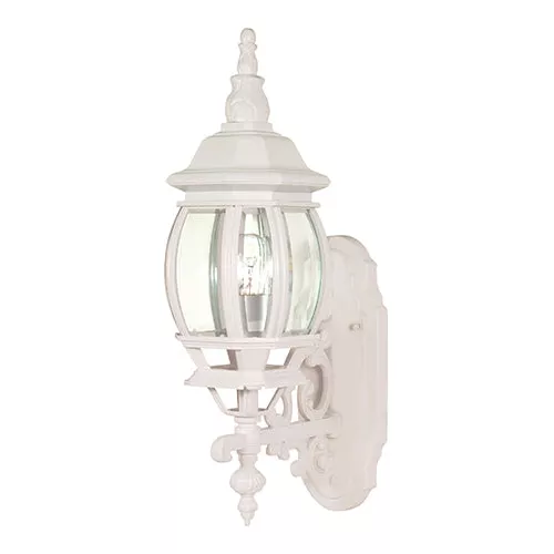 Satco 60-3467, CENTRAL PARK 1 LT OUTDOOR, 20" Outdoor Wall Lantern Lighting Fixture, 100W, 120V, Medium Base, Clear Beveled Glass, White Finish