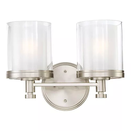 Satco 60-4642, DECKER 2 LIGHT VANITY, Vanity Light Fixture, 100W, 120V, Medium Base, Clear and Frosted Glass, Brushed Nickel Finish