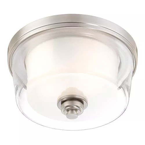 Satco 60-4651, DECKER 2 LIGHT MEDIUM FLUSH, Flush Mount Light Fixture, 60W, 120V, Medium Base, Clear and Frosted Glass, Brushed Nickel Finish