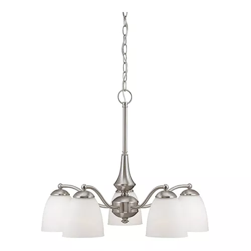 Satco 60-5043, PATTON 5 LT CHANDELIER/DOWN, Chandelier (Arms Down) Light Fixture, 60W, 120V, Medium Base, Frosted Glass, Brushed Nickel Finish