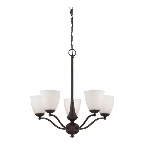 Satco 60-5135, PATTON 5 LIGHT CHANDELIER/UP, Chandelier (Arms Up) Light Fixture, 60W, 120V, Medium Base, Frosted Glass, Prairie Bronze Finish