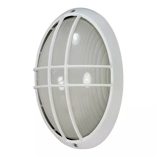 Satco 60-528, 1 LT 13" OVAL CAGE BULK HEAD, 13" Oval Caged Die Cast Bulkhead Lighting Fixture, 60W, 120V, Medium Base, Frosted Diffuser Glass, Replaceable Light Source, Semi Gloss White Finish