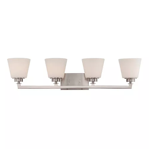 Satco 60-5454, MOBILI - 4 LT VANITY FIXTURE, 100W, 120V, Medium Base, Satin White Glass, Brushed Nickel Finish