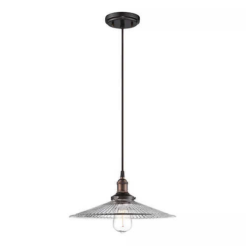 Satco 60-5516, 1 LT VINTAGE PENDANT, 100W, 120V, Medium Base, Clear Ribbed Glass, Rustic Bronze Finish