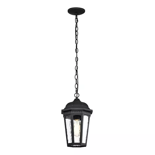 Satco 60-5944, EAST RIVER 1LT OUTDOOR HANGING, 14.5" Collection Outdoor Hanging Lighting Fixture, 100W, 120V, Medium Base, Clear Water Glass, Matte Black Finish