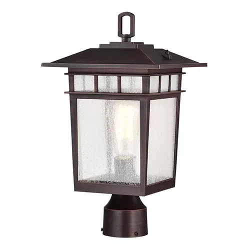 Satco 60-5952, COVE NECK 1LT OUTDOOR LG POST, 16" Outdoor Large Post Light Pole Lantern, 100W, 120V, Medium Base, Clear Seeded Glass, Rustic Bronze Finish