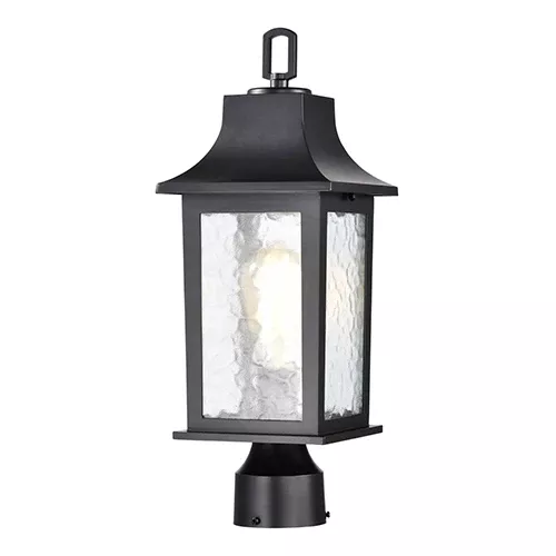 Satco 60-5957, STILLWELL 1LT OUTDOOR POST, 17" Outdoor Post Light Pole Lantern, 100W, 120V, Medium Base, Clear Water Glass, Matte Black Finish