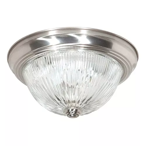 Satco 60-6023, 2 LIGHT 11" FLUSH MOUNT, 60W, 120V, Medium Base, Clear Ribbed Glass, Brushed Nickel Finish