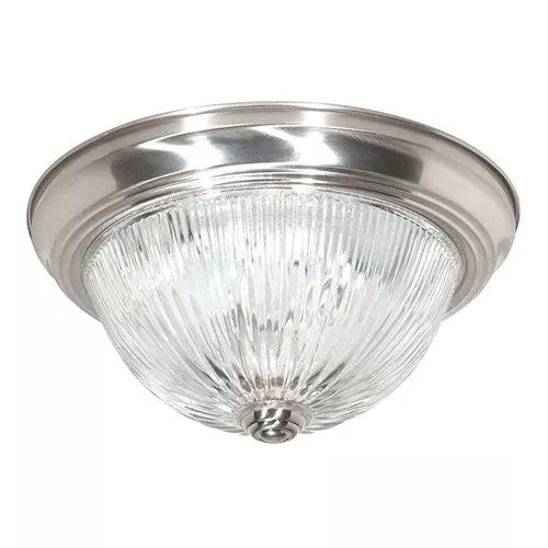 Satco 60-6024, 2 LIGHT 13" FLUSH MOUNT, 60W, 120V, Medium Base, Clear Ribbed Glass, Brushed Nickel Finish
