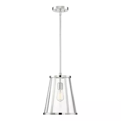 Satco 60-6698, BRUGE 1 LIGHT PENDANT, 100W, 120V, Medium Base, Clear Glass, Polished Nickel Finish