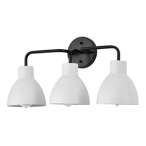 Satco 60-6786, SLOAN 3 LIGHT VANITY, 100W, 120V, Medium Base, White Shade, Matte Black Finish